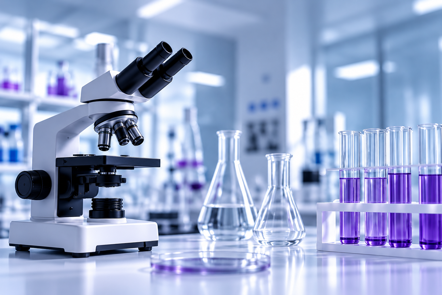 Modern scientific laboratory with microscope and purple test tubes