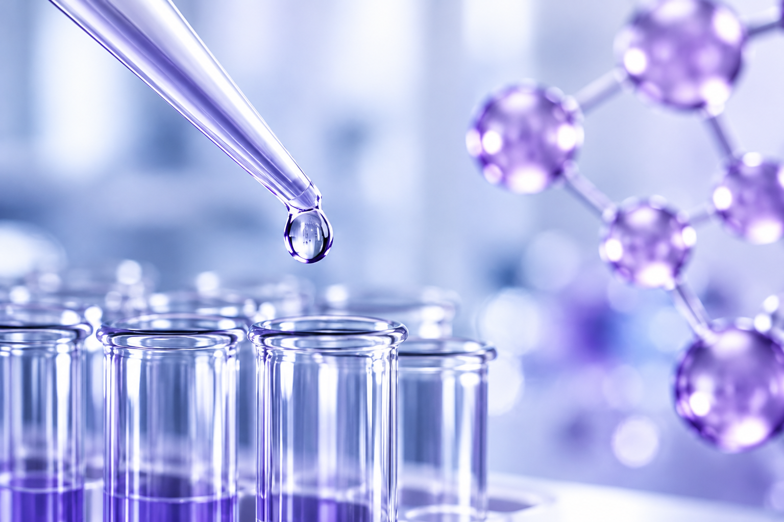 Laboratory pipette with droplet over glass test tubes
